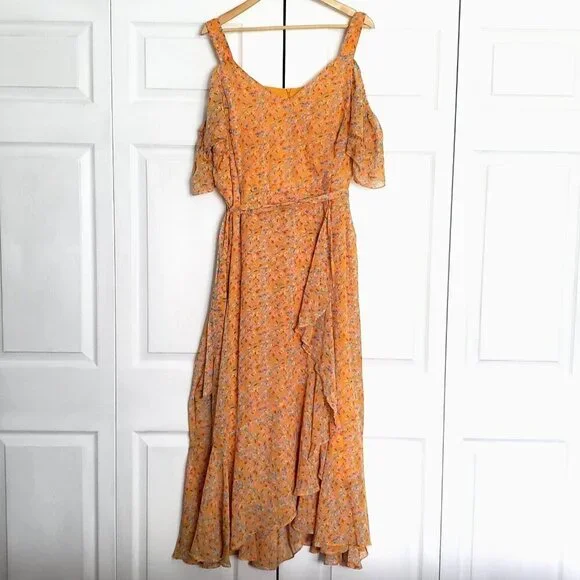 Maison Tara Short Sleeve Cold Shoulder Crepe Ditsy Floral Maxi Dress Sz 18 - Picture 3 of 7